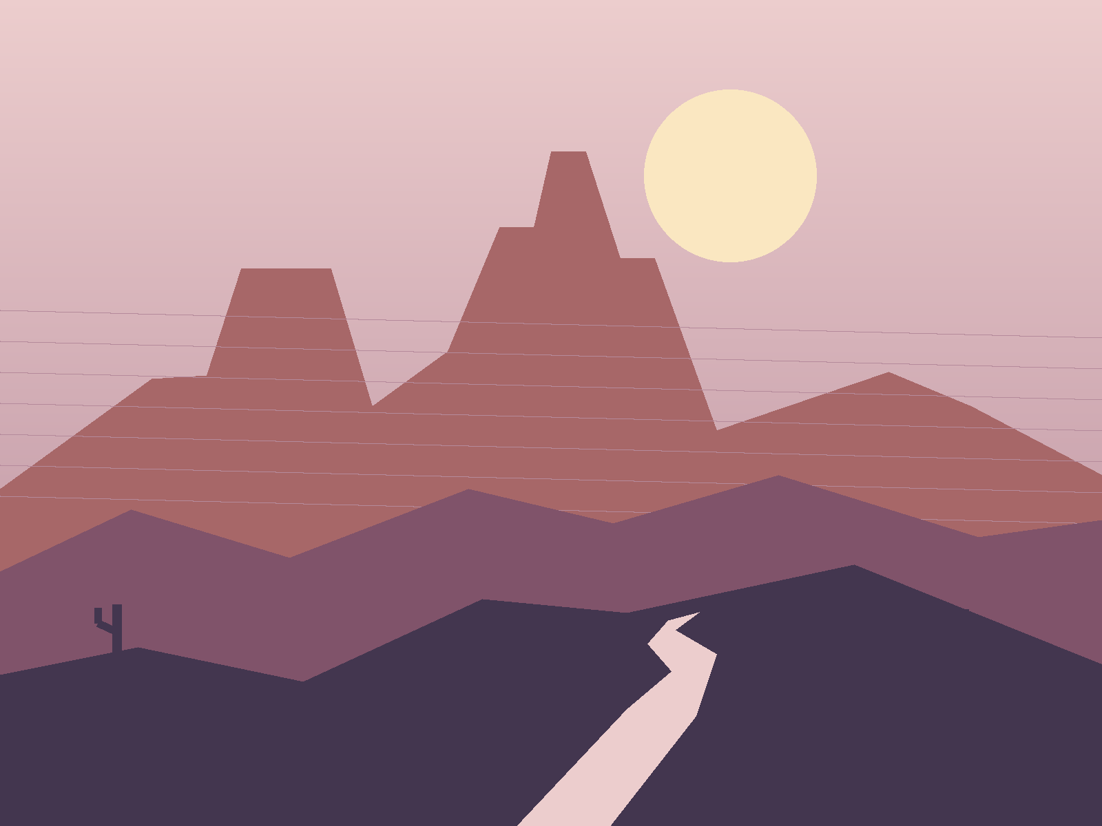 Original illustration of layered red-rock formations and a winding desert path; not a photograph of a specific trail