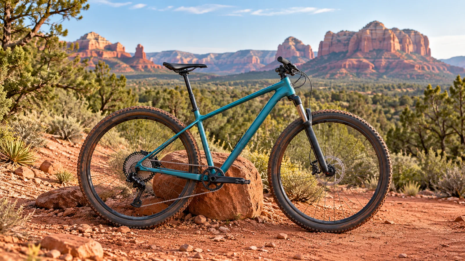 AI-generated illustration of a mountain bike in an imagined red-rock landscape, not a specific Sedona trail