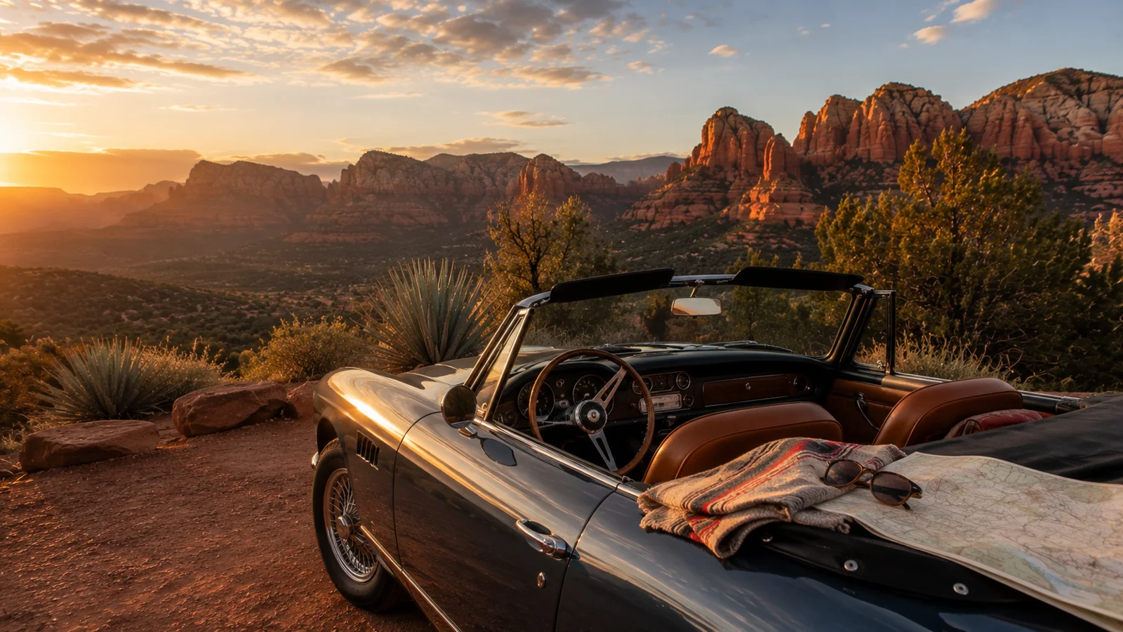 AI-generated illustration: a convertible beside desert scenery at sunset