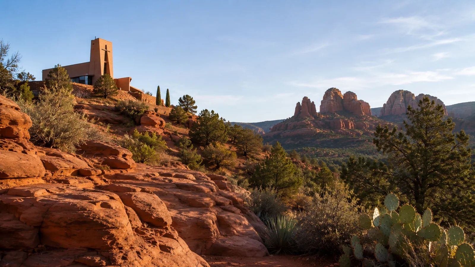 AI-generated illustration: a chapel-like building among red-rock formations