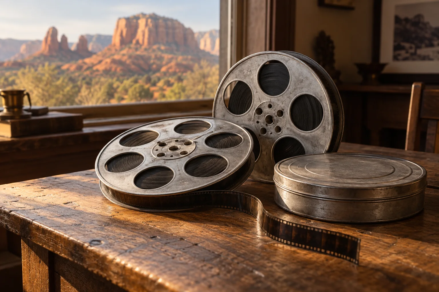 AI-generated illustration of vintage film reels beside a window with an imagined red-rock view