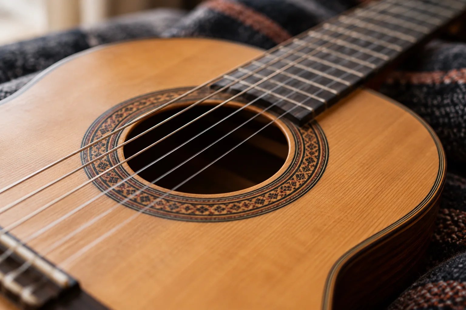 AI-generated close-up illustration of six strings across a classical guitar sound hole and decorative rosette