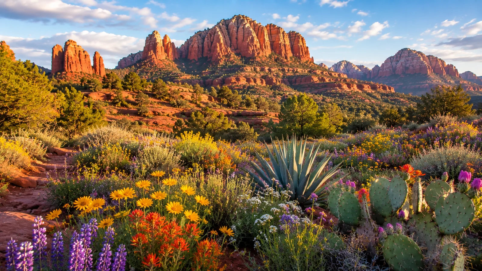 AI-generated illustration: wildflowers and cacti beneath red-rock formations