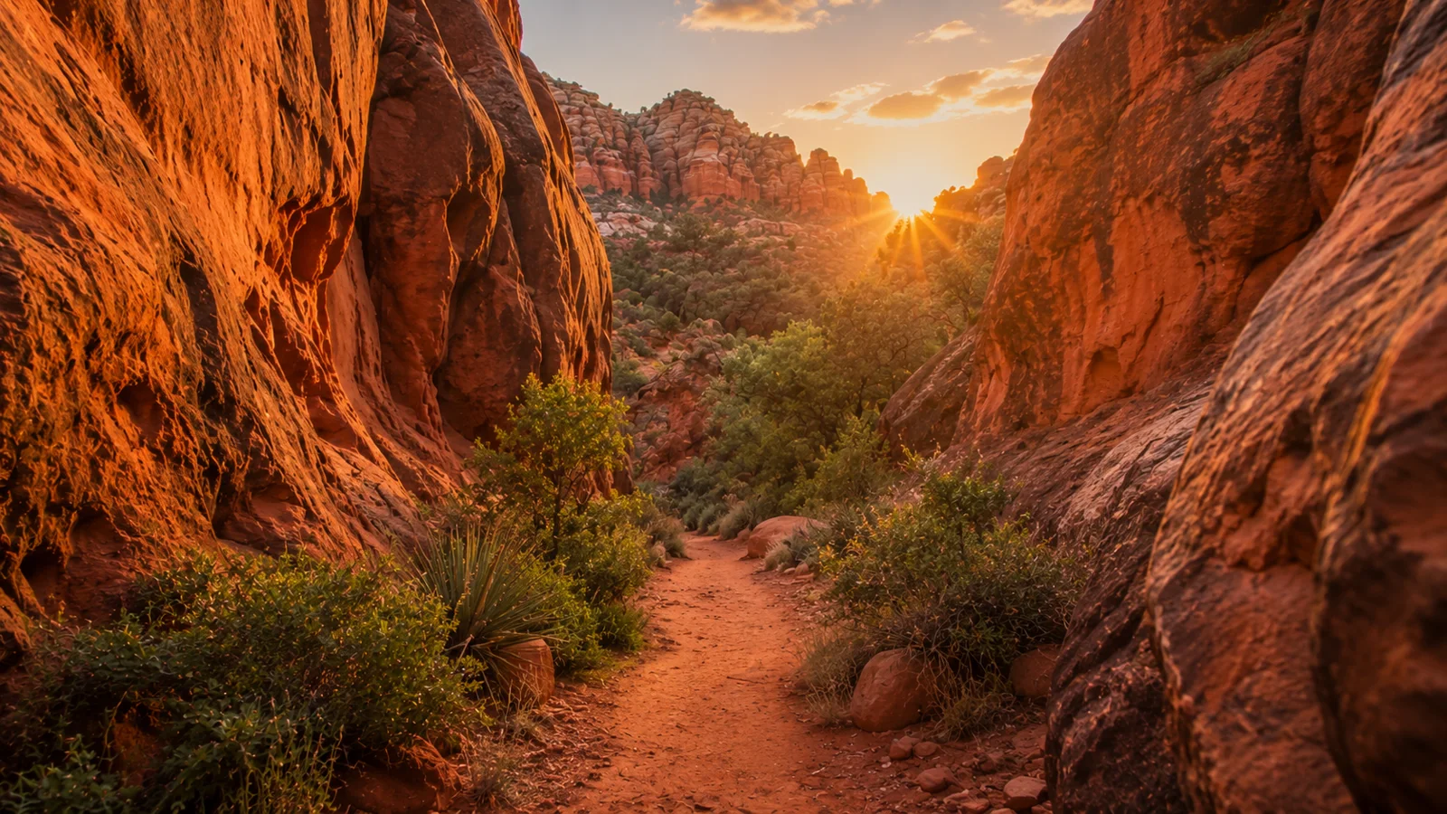 AI-generated illustration: a sandy path between red sandstone walls