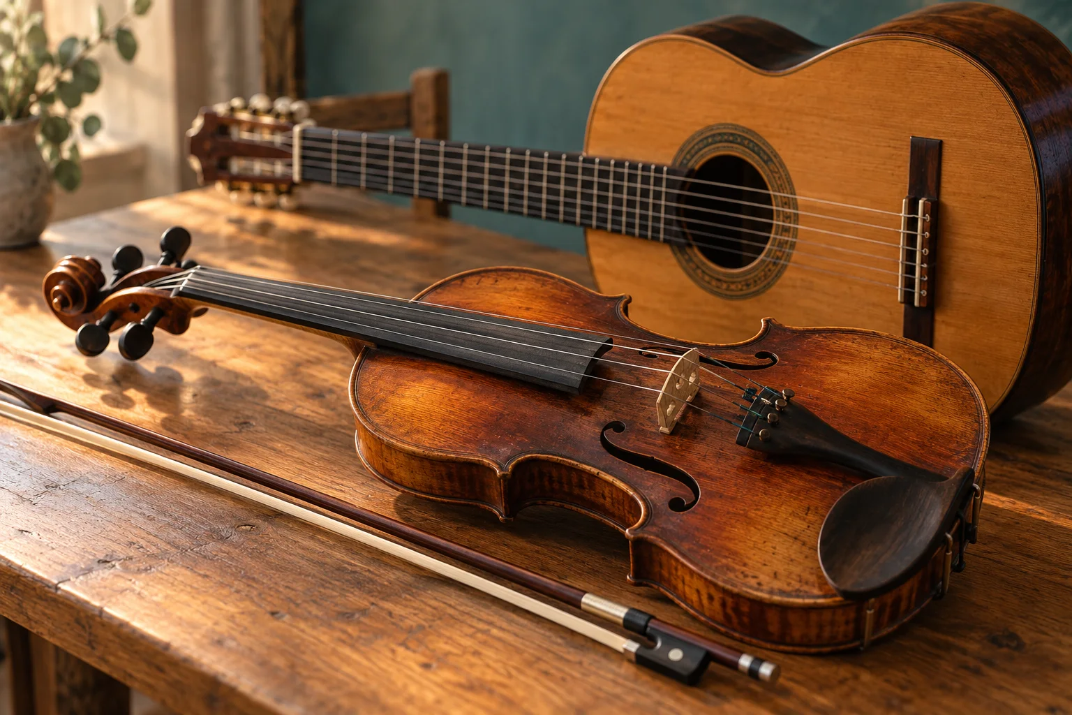 AI-generated illustration of a violin, bow and classical guitar on a wooden table
