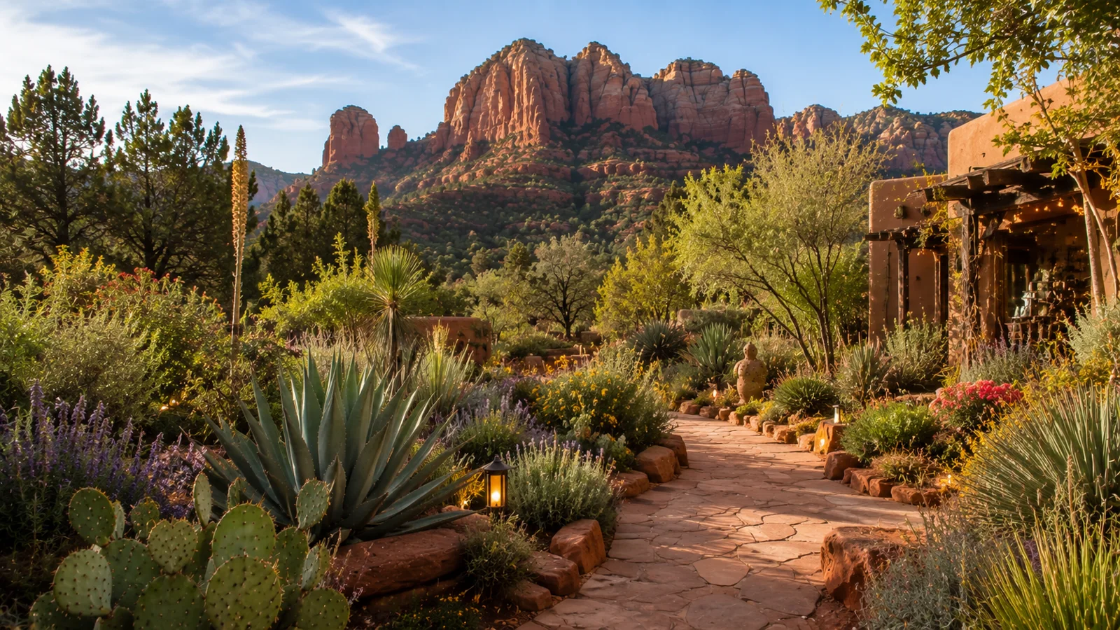 AI-generated illustration: a garden path among desert plants and adobe buildings