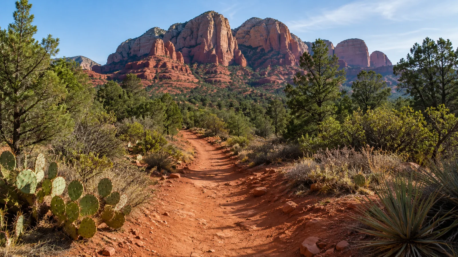 AI-generated illustration: a winding desert trail approaching red rocks