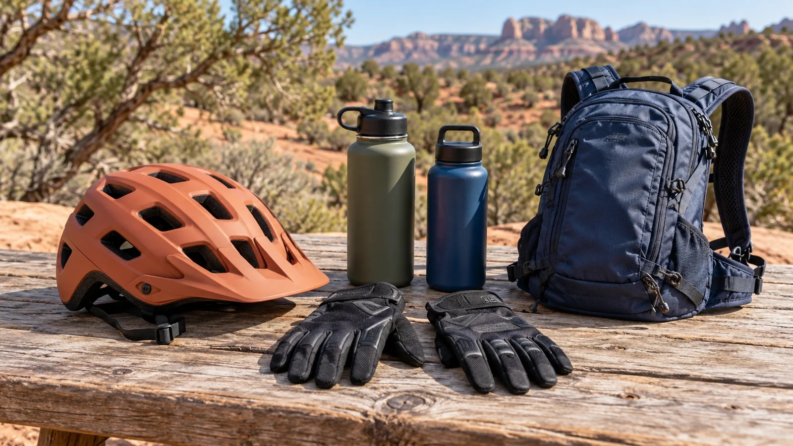 AI-generated still life of a bike helmet, gloves, water bottles and a small pack on a bench