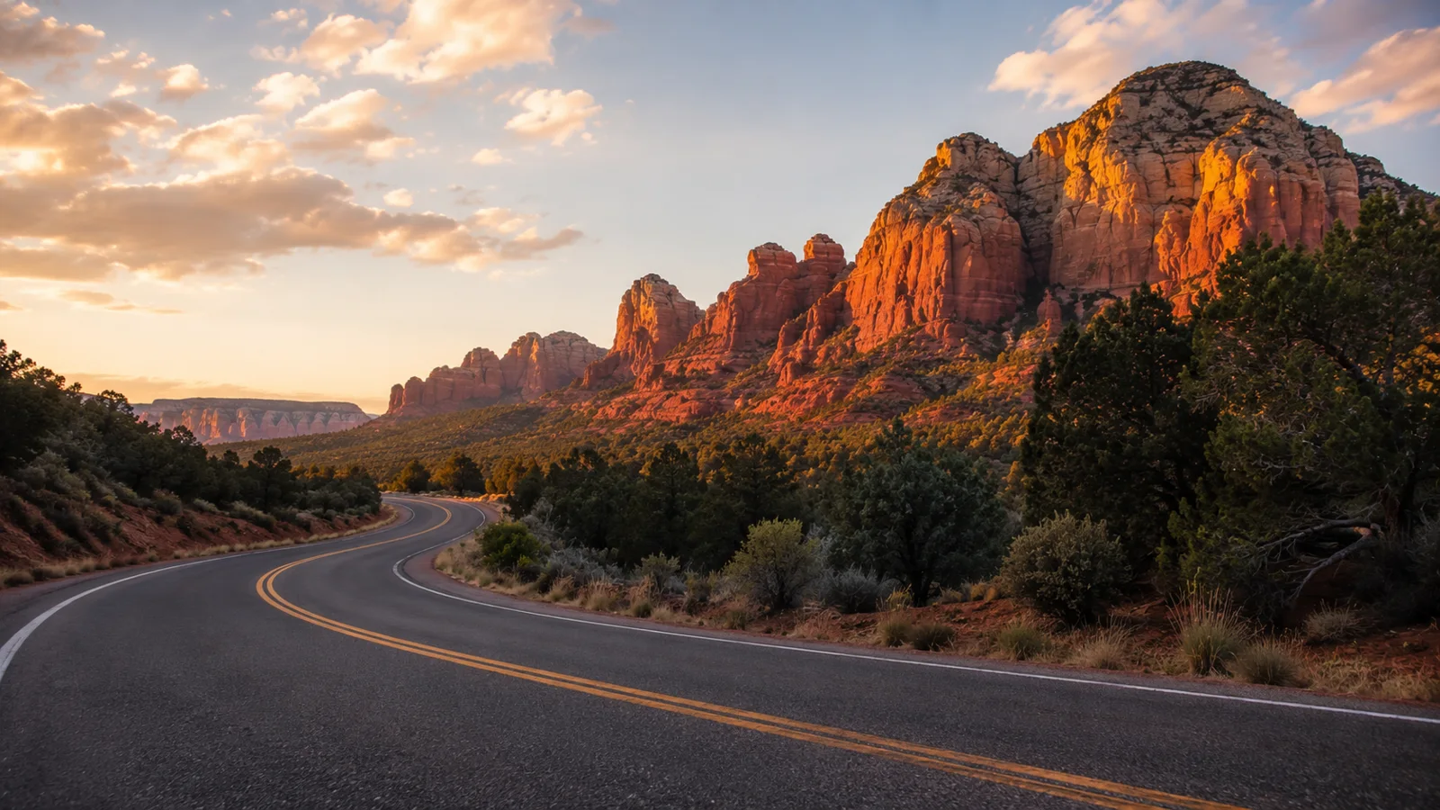 AI-generated illustration: a paved road curving through red-rock scenery
