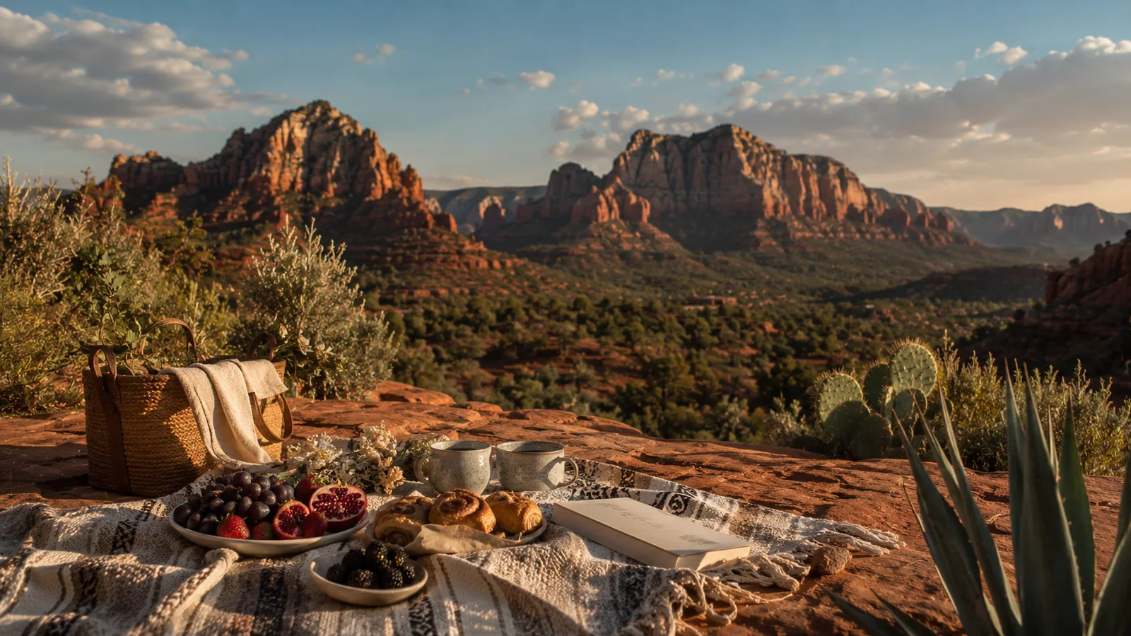 AI-generated illustration: a picnic spread overlooking a desert valley