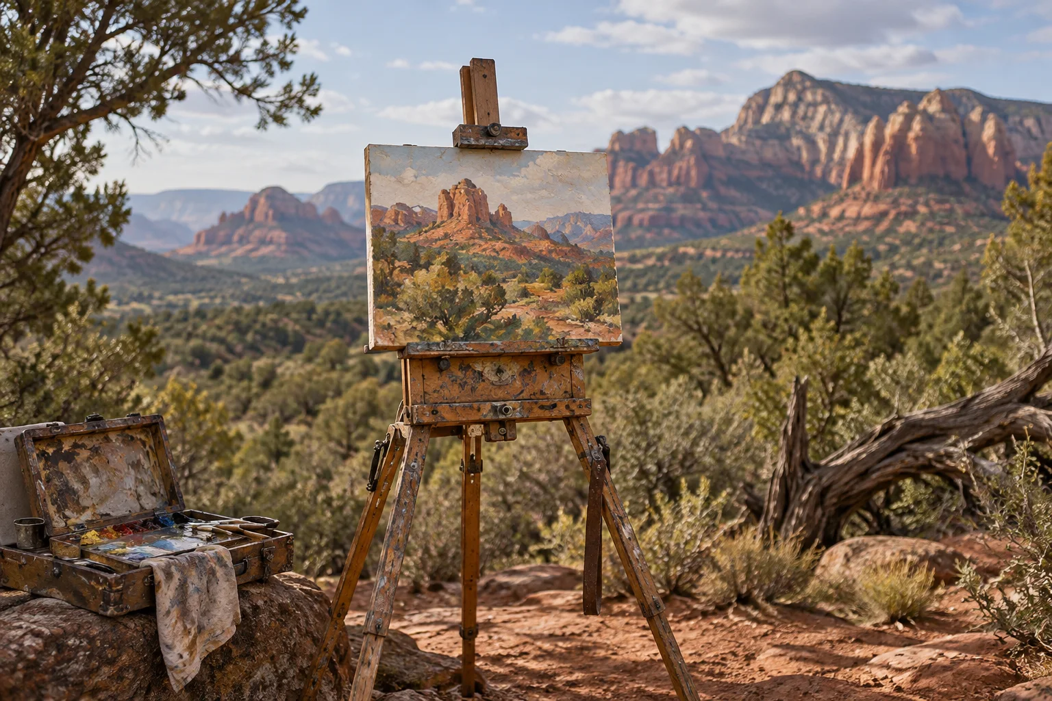 AI-generated illustration: an outdoor easel with a red-rock landscape painting in progress