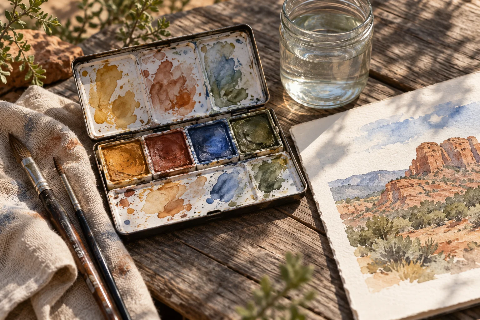 AI-generated illustration: watercolor pigments, brushes and an original red-rock sketch on an outdoor table