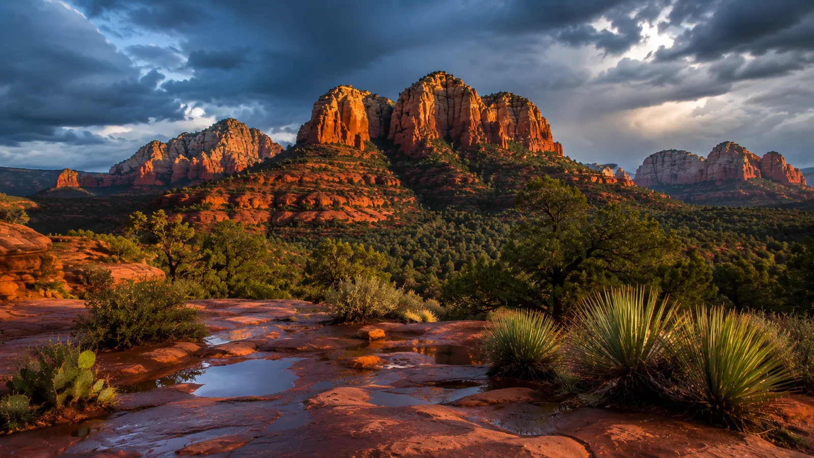AI-generated illustration: rain clouds over sunlit red rocks and wet sandstone