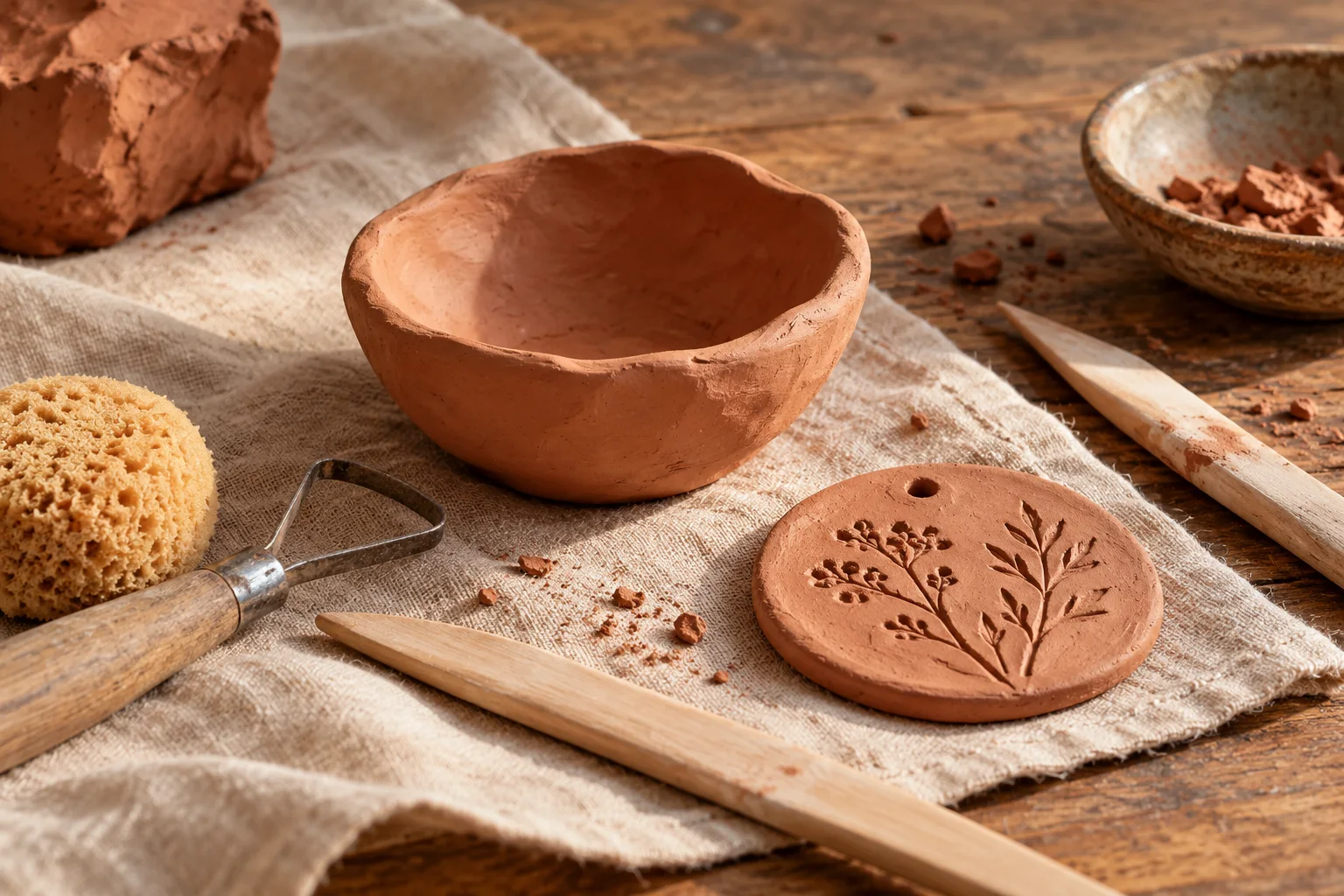 AI-generated illustration: a clay bowl, botanical ornament and modeling tools on a worktable