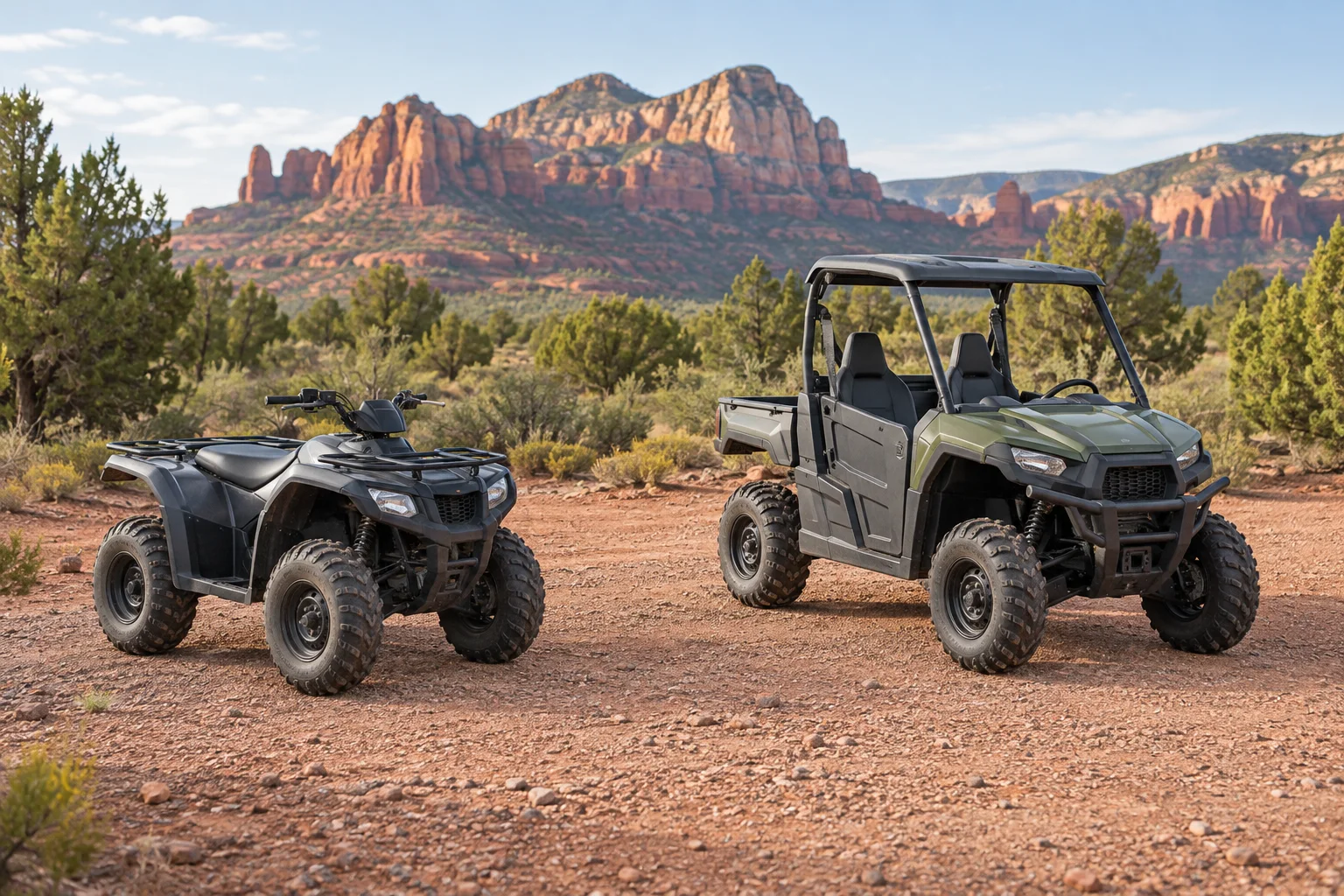 A quad bike and a side-by-side parked separately on a gravel staging area