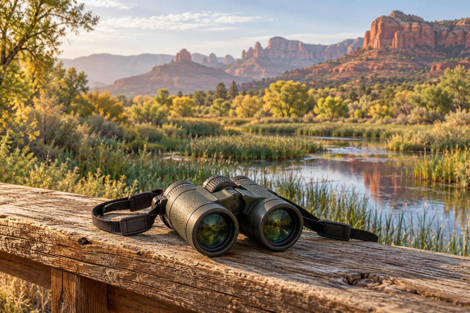 AI illustration of binoculars beside a high-desert wetland with distant red hills