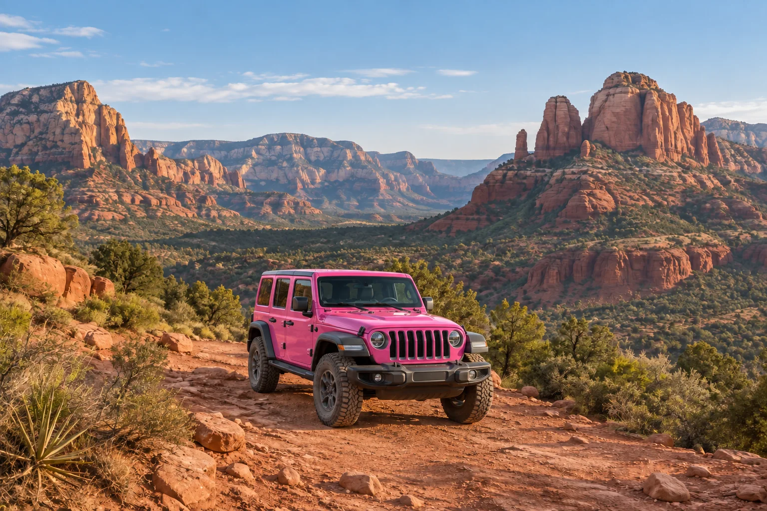 A pink Jeep parked beside a red-rock trail in warm morning light