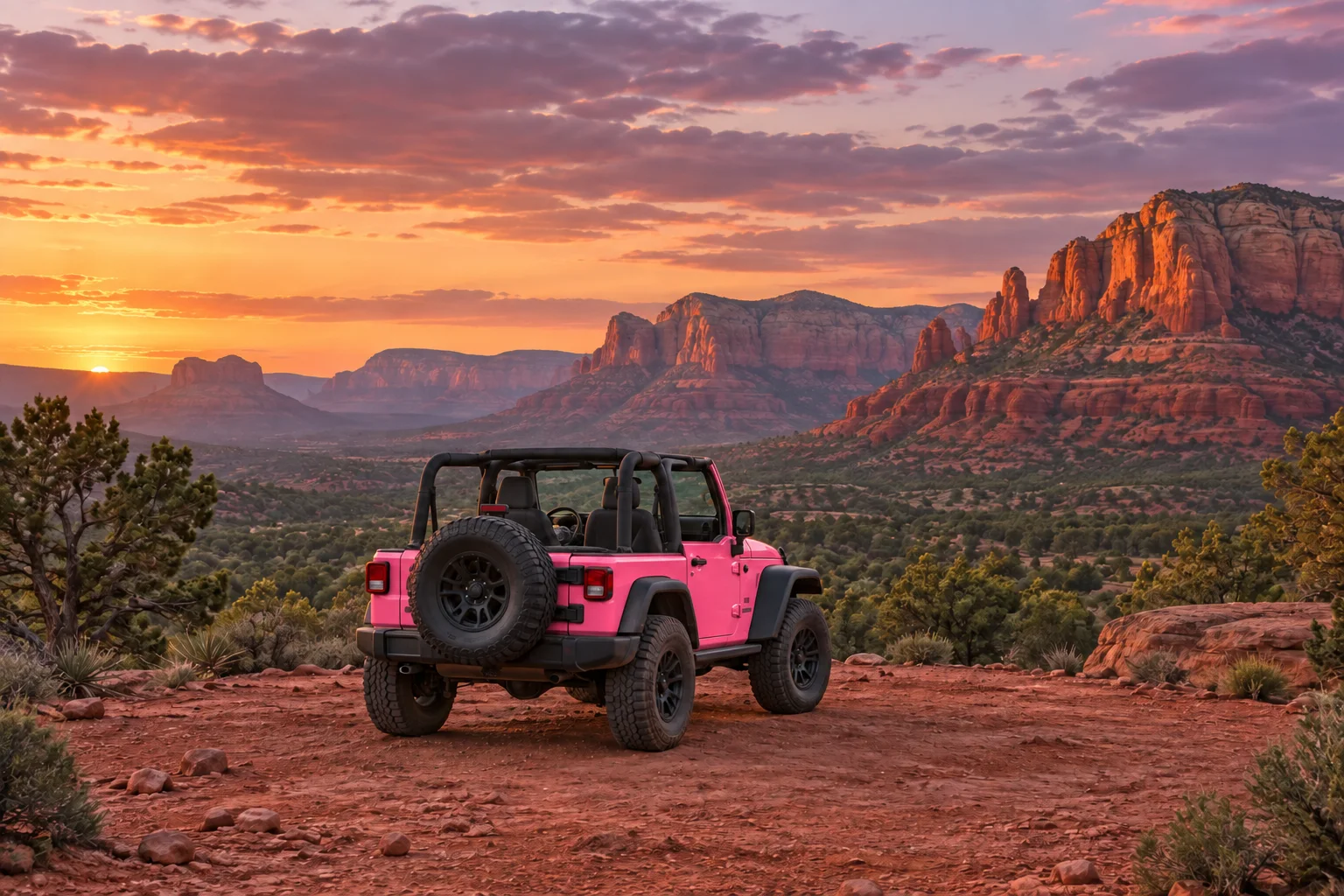 A parked pink Jeep beneath red-rock cliffs at sunset