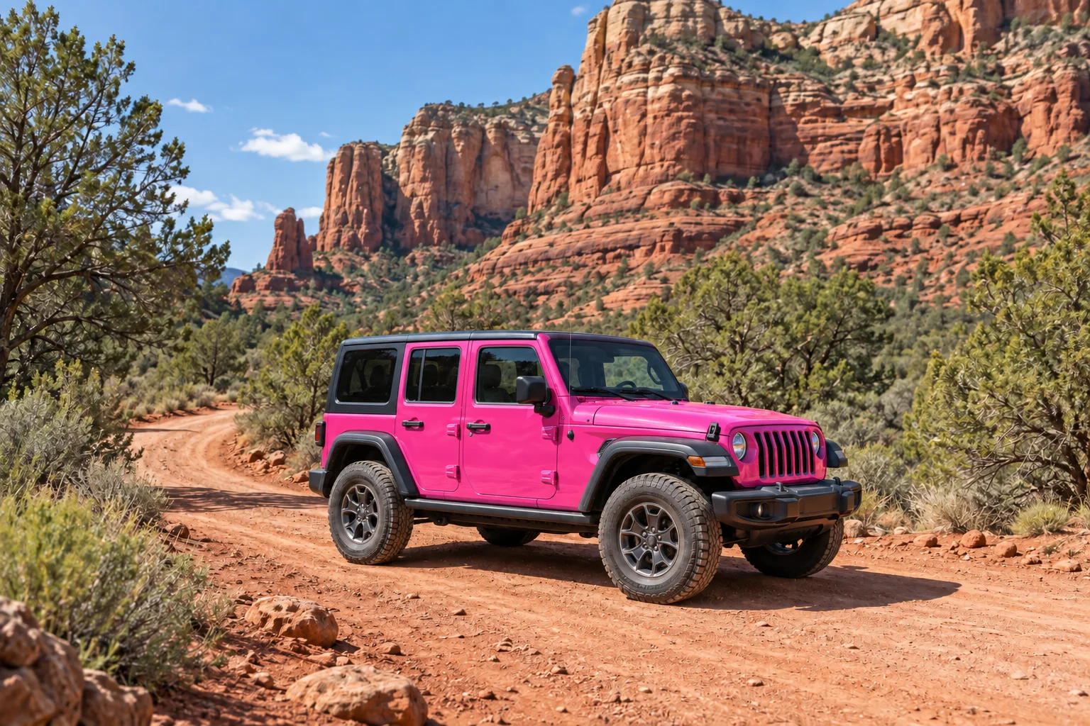 A pink Jeep on a red-dirt track below sandstone cliffs