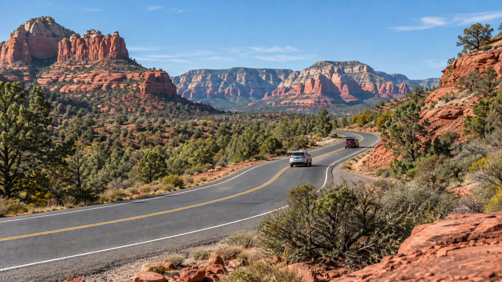 Illustration of two vehicles on a winding paved road among red sandstone formations and juniper trees
