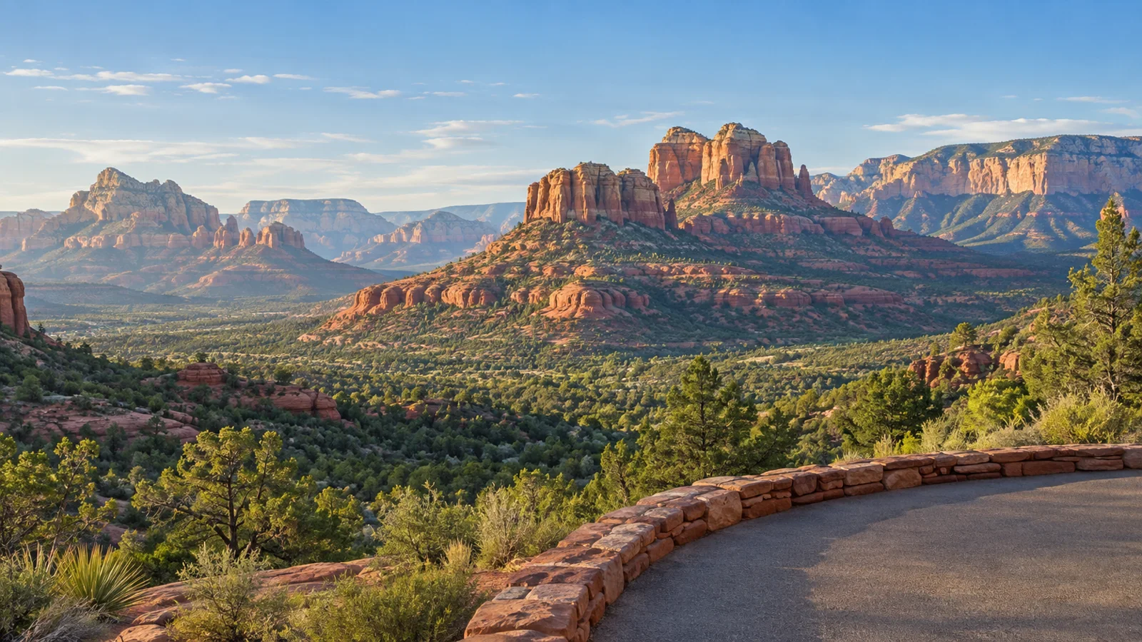 Illustration of a red-rock panorama viewed from a paved overlook with a low stone border