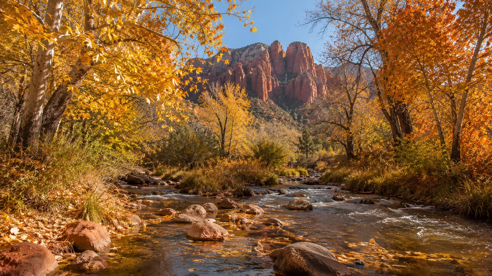AI-generated illustration: golden autumn trees beside a shallow creek
