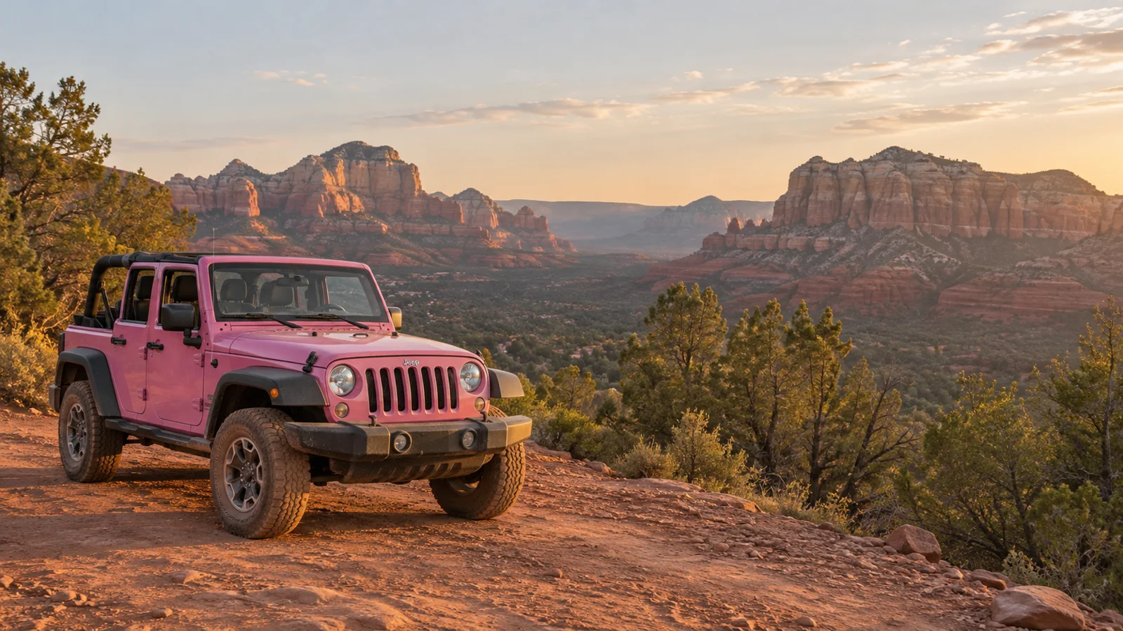 Pink open-air Jeep beside layered red-rock scenery in warm evening light