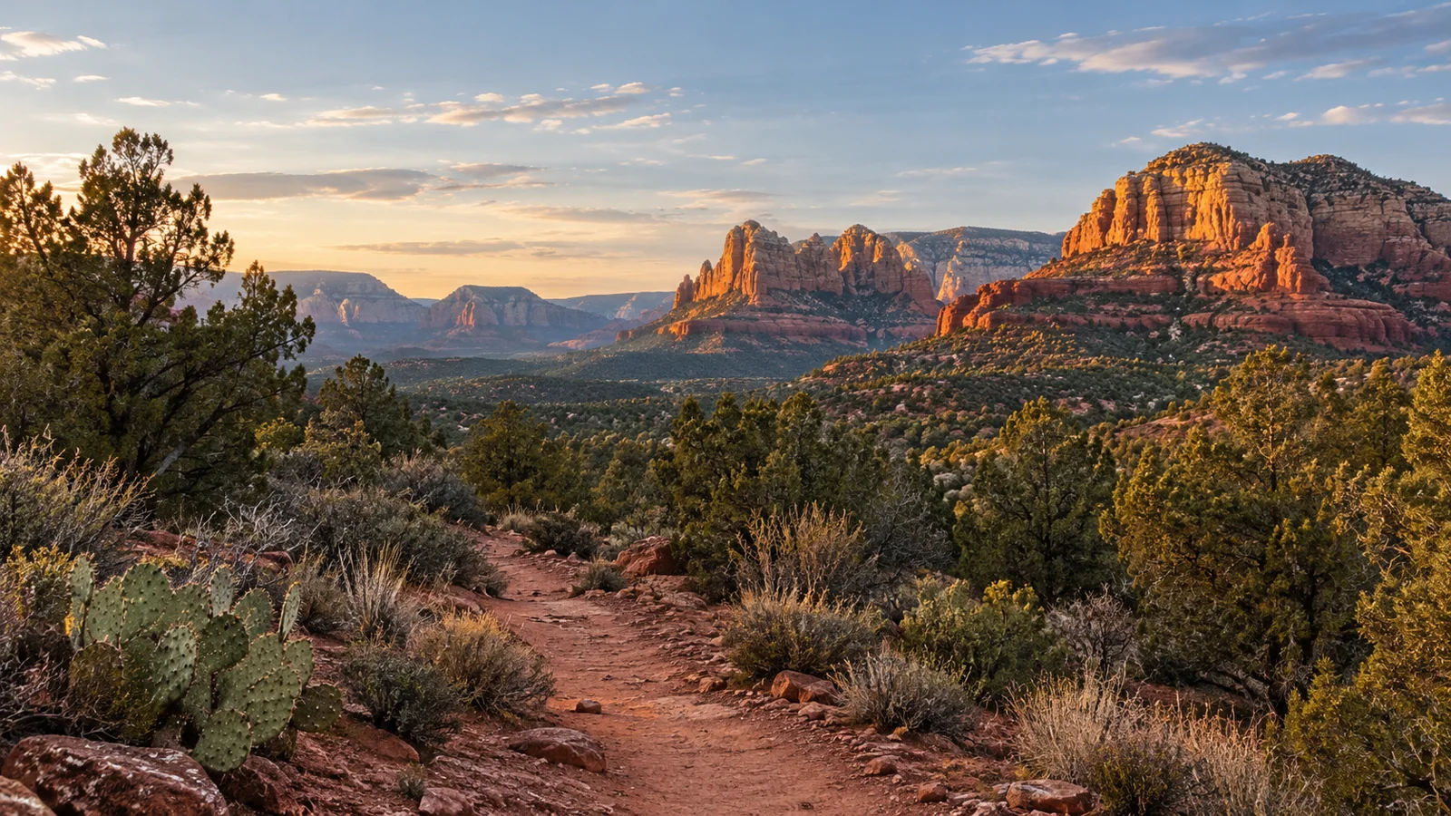 Sandy trail through juniper and prickly pear with red-rock formations in golden-hour light