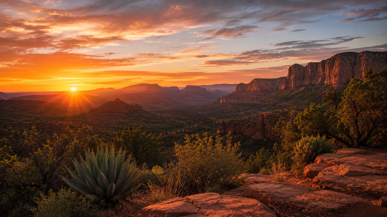 AI-generated illustration: the setting sun casting warm light across a desert valley