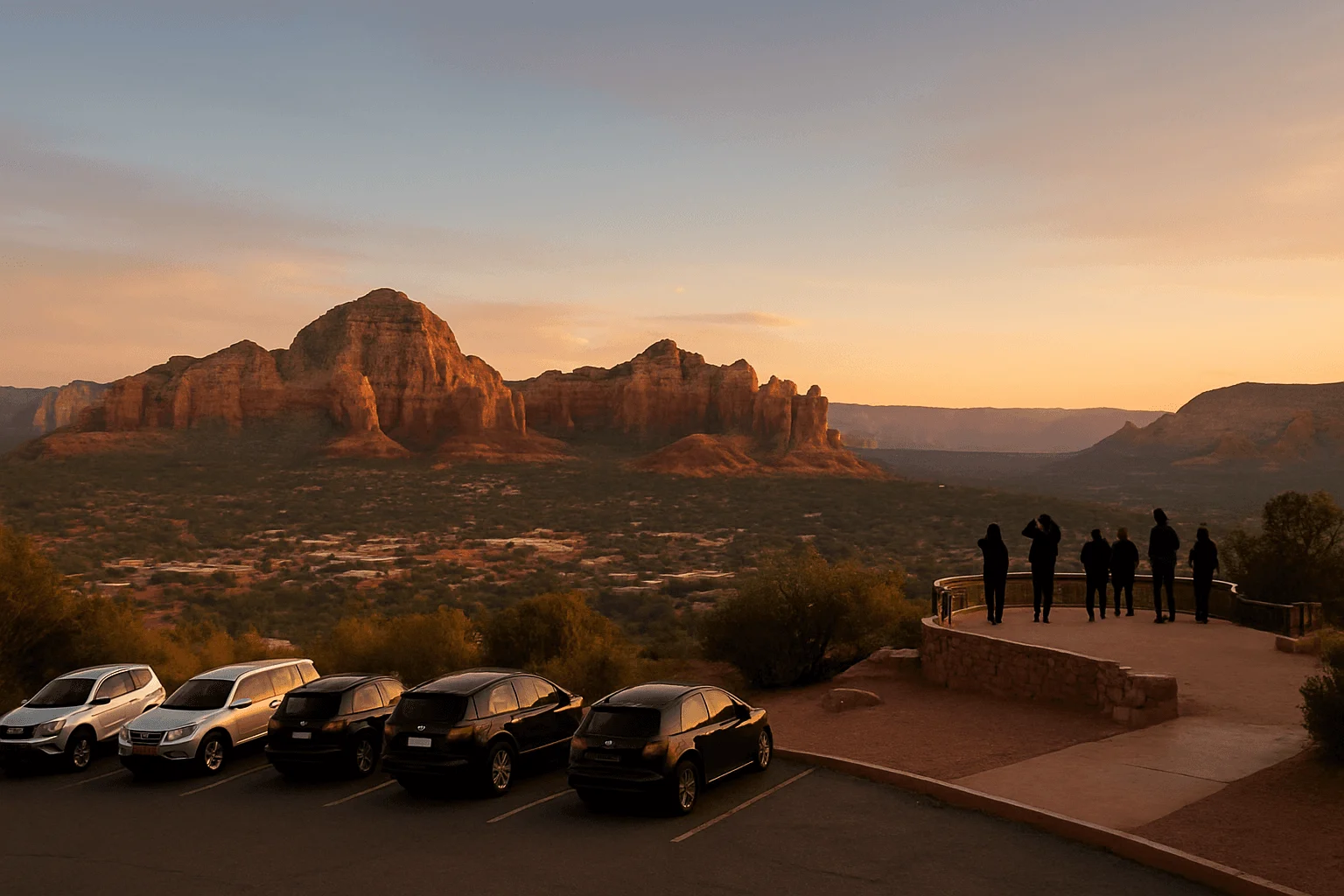 Cars and visitors at an overlook at dusk