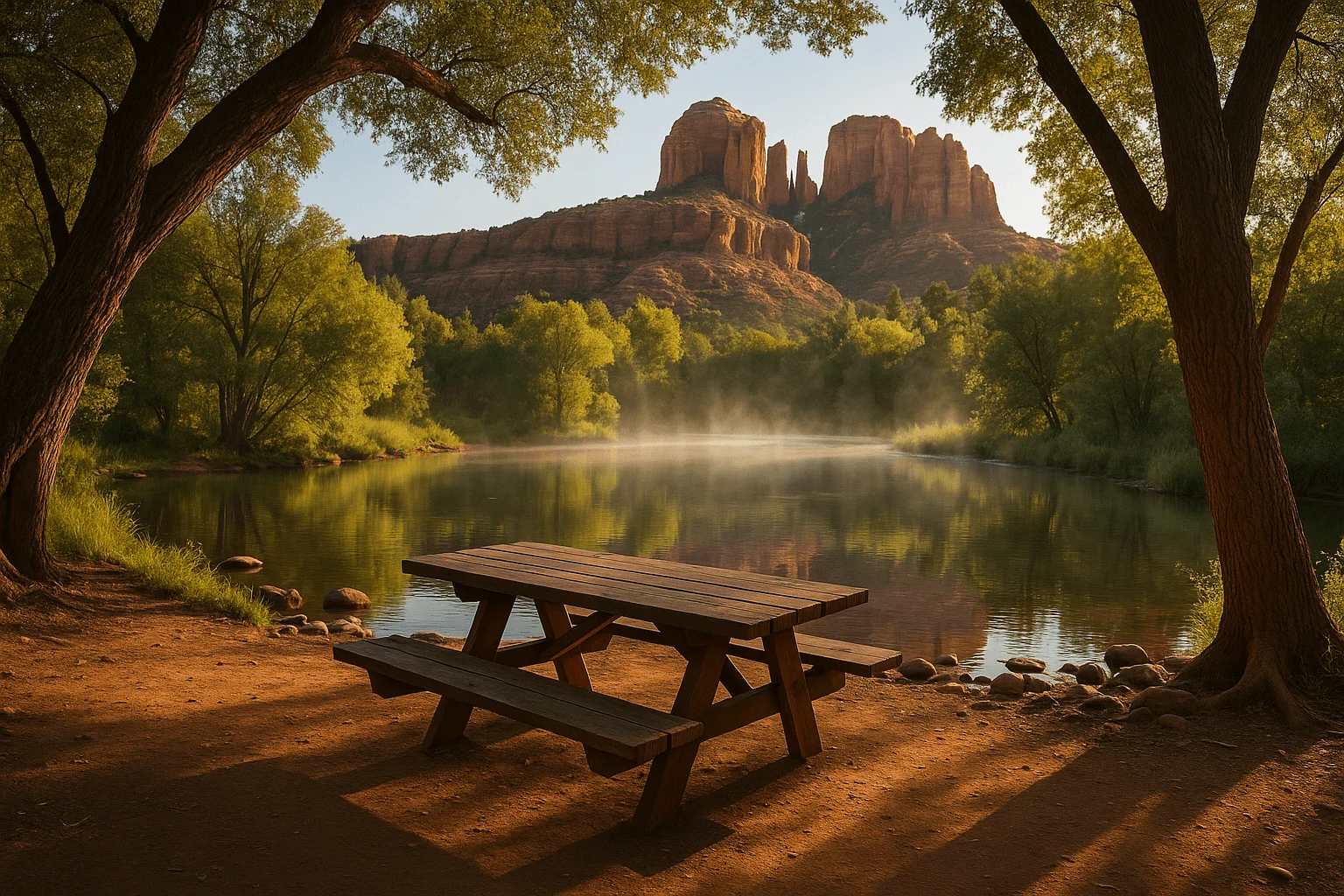 A picnic table beside a calm creek and red-rock reflections