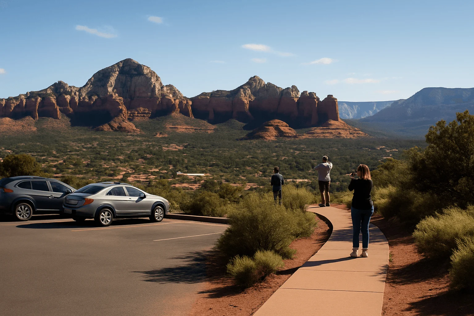 Visitors walking from a parking area toward an overlook