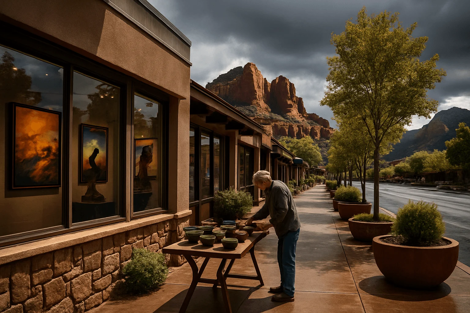 A visitor browsing an outdoor display beside a gallery