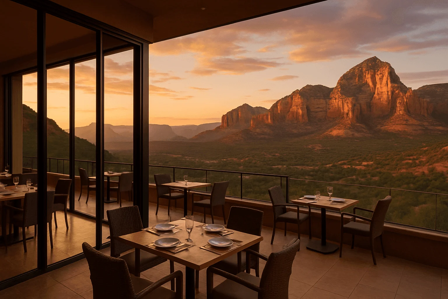 A restaurant terrace facing red-rock formations at sunset