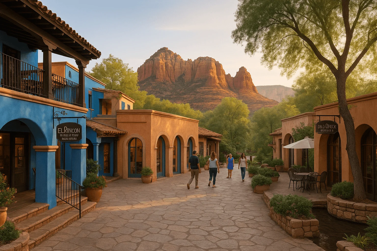 A quiet shopping courtyard lined with colorful buildings