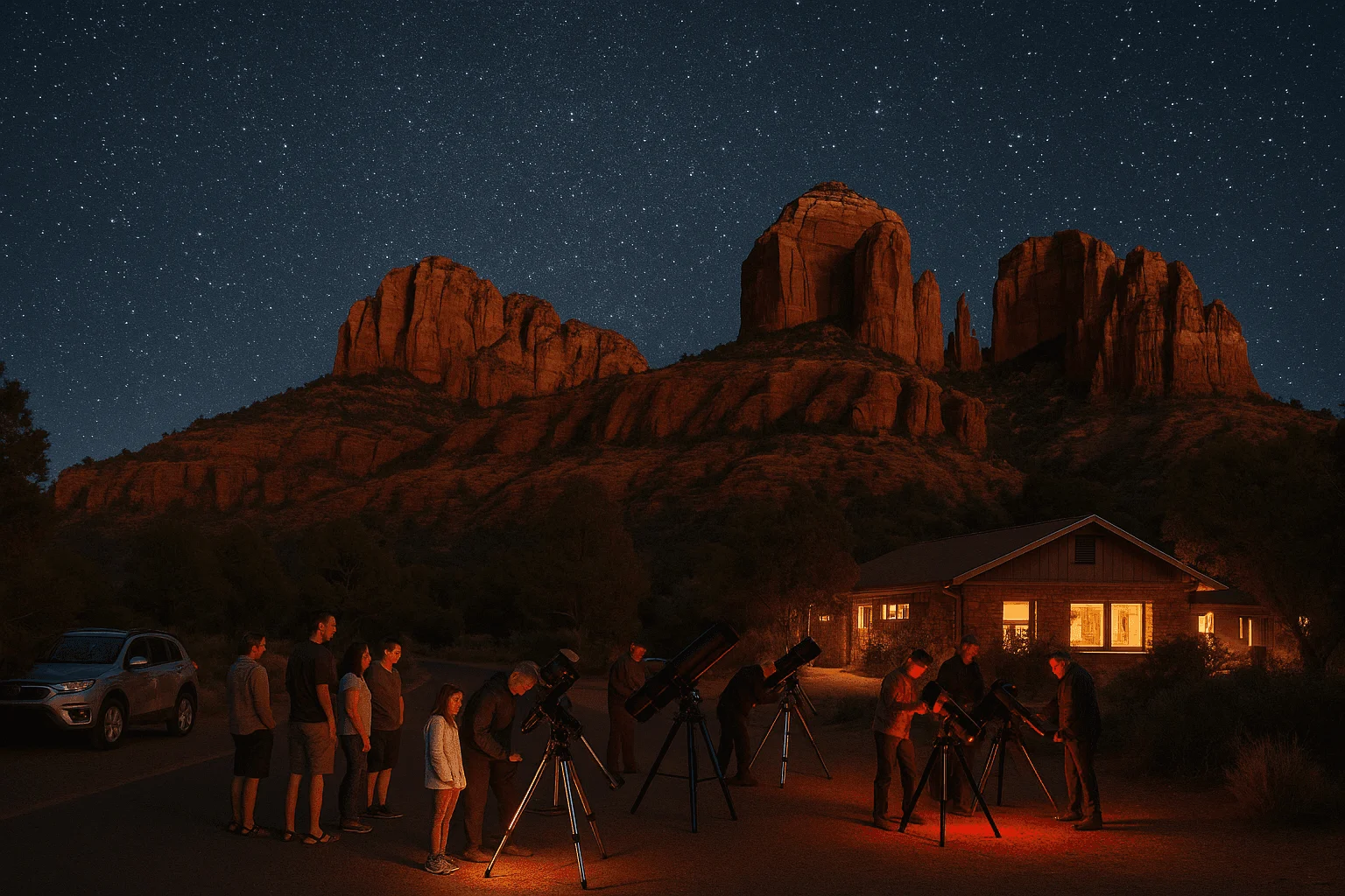 People beside telescopes beneath a starry desert sky