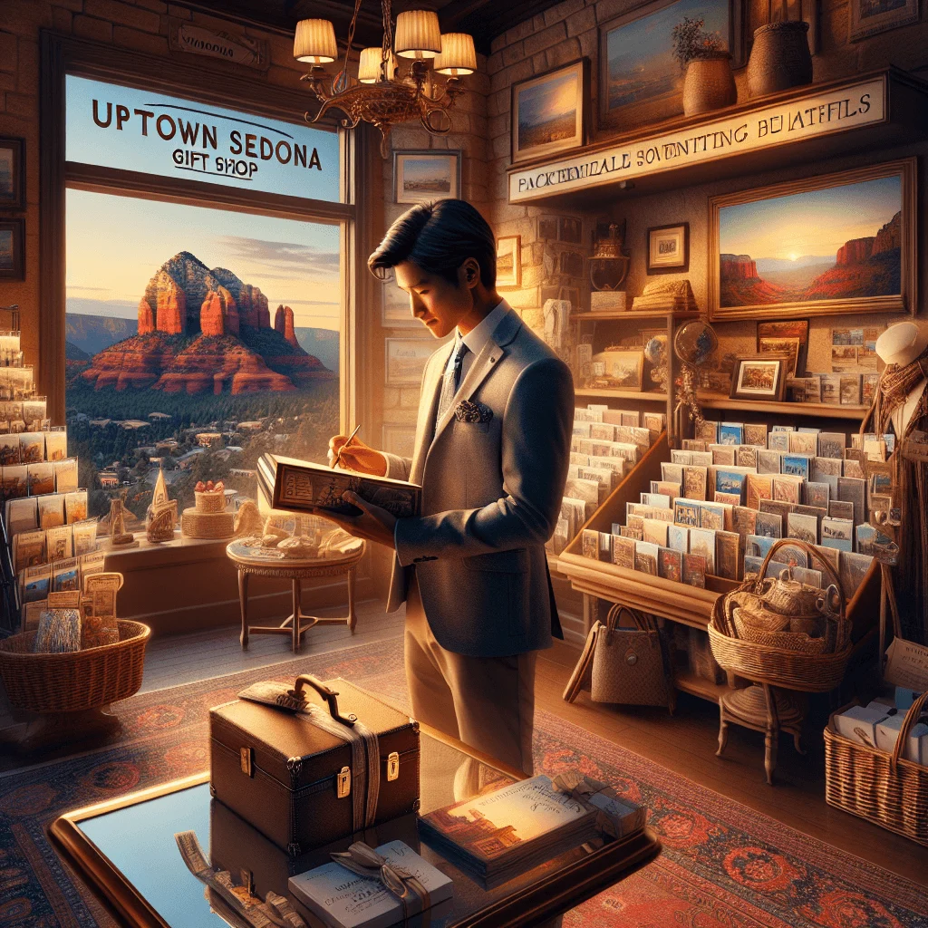 A visitor looking at postcards inside a souvenir shop