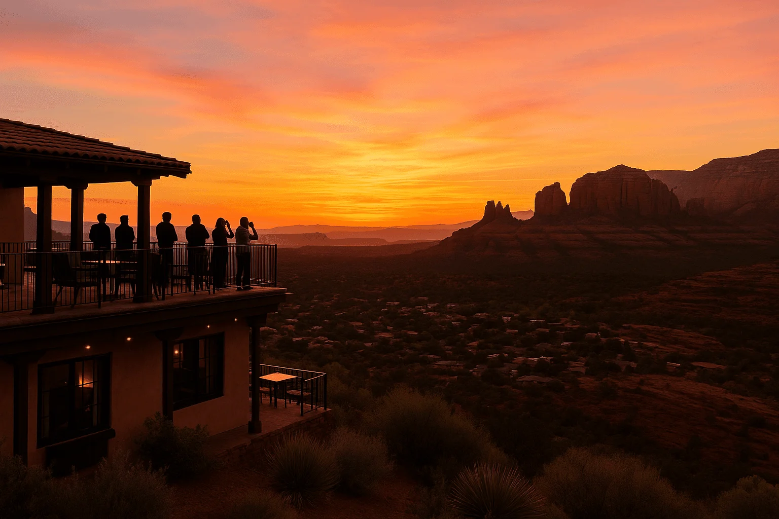 Silhouetted visitors on a terrace at sunset