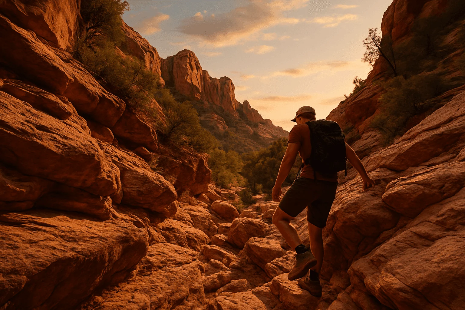 A hiker making their way along a narrow sandstone trail