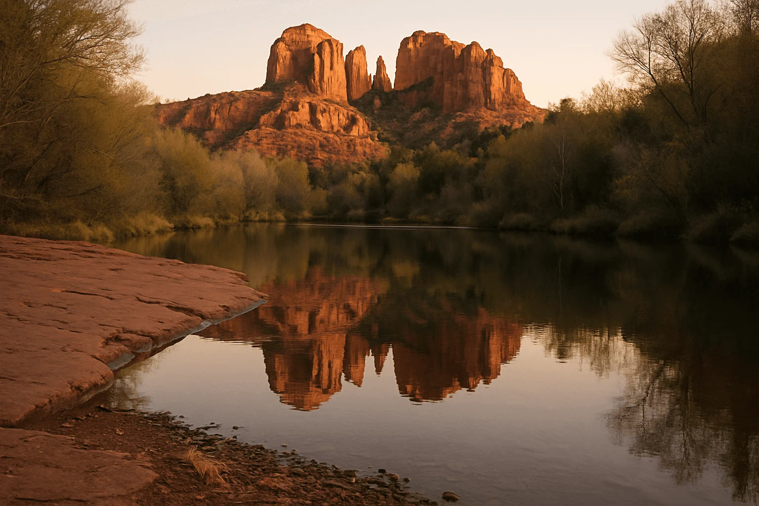 Red-rock formations reflected in a calm creek