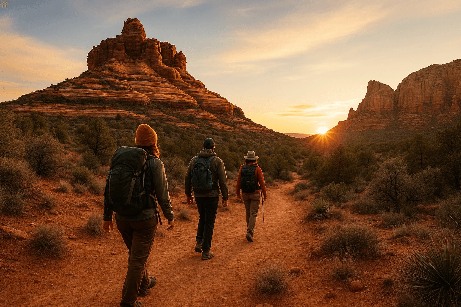 Hikers walking toward a butte at sunset