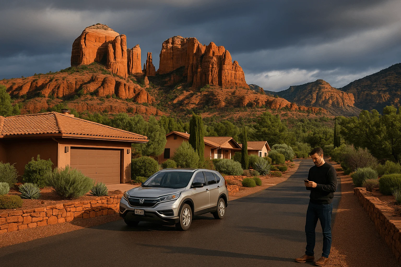 A person beside a parked car and desert lodging