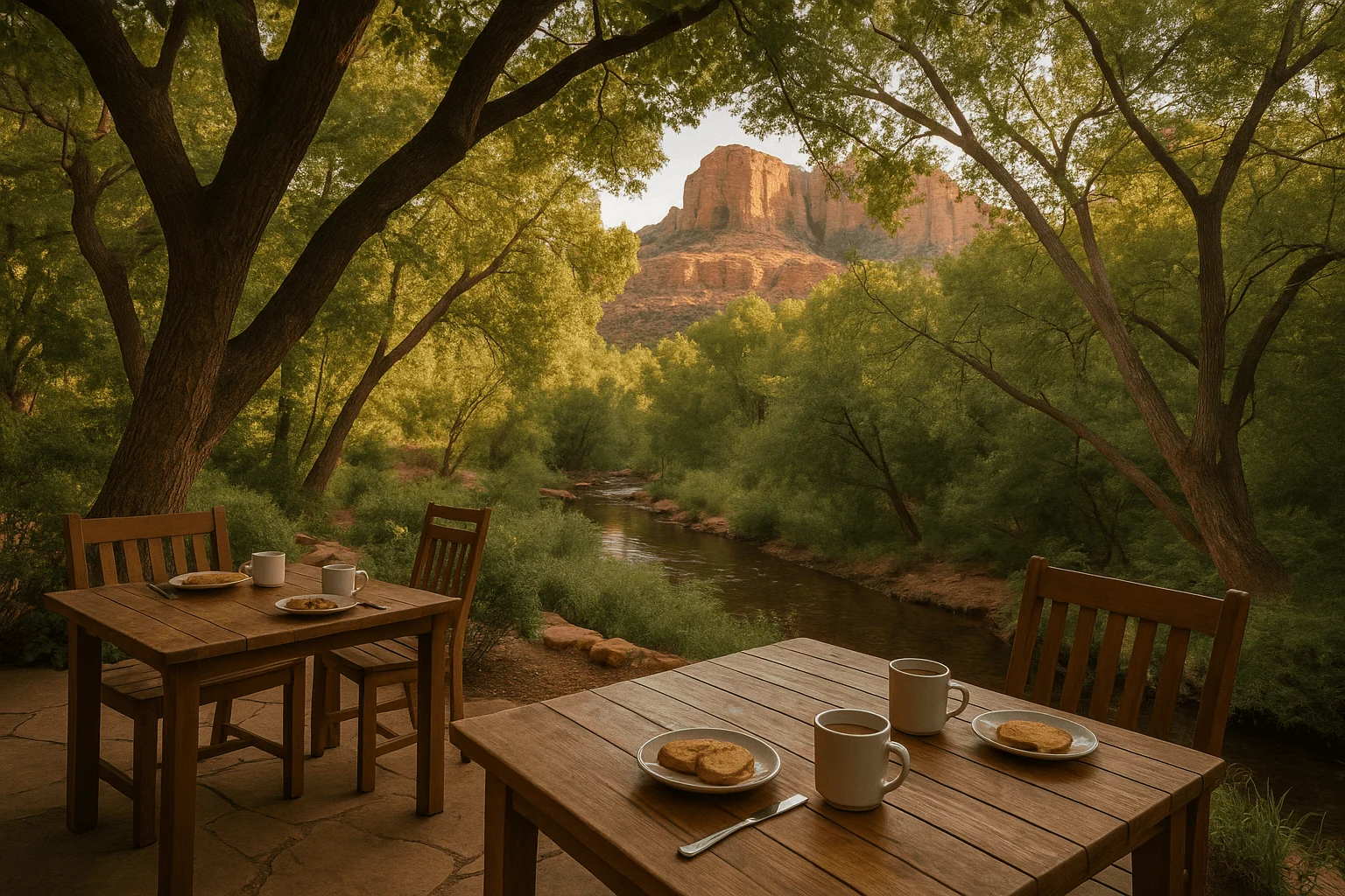 Breakfast tables on a deck overlooking trees and red rocks