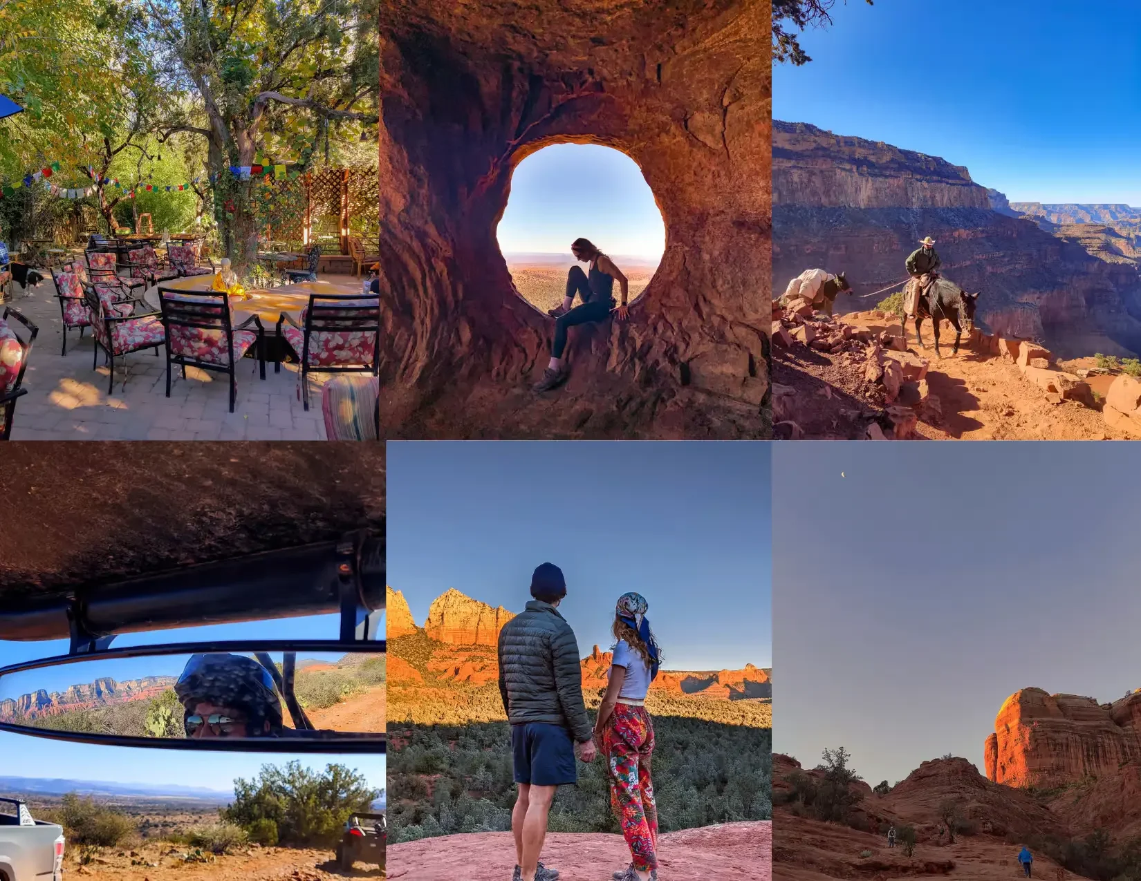 A collage of red-rock scenery, outdoor seating, and hikers