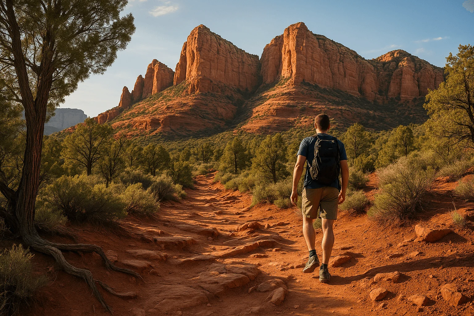 A hiker on a rocky trail between desert shrubs
