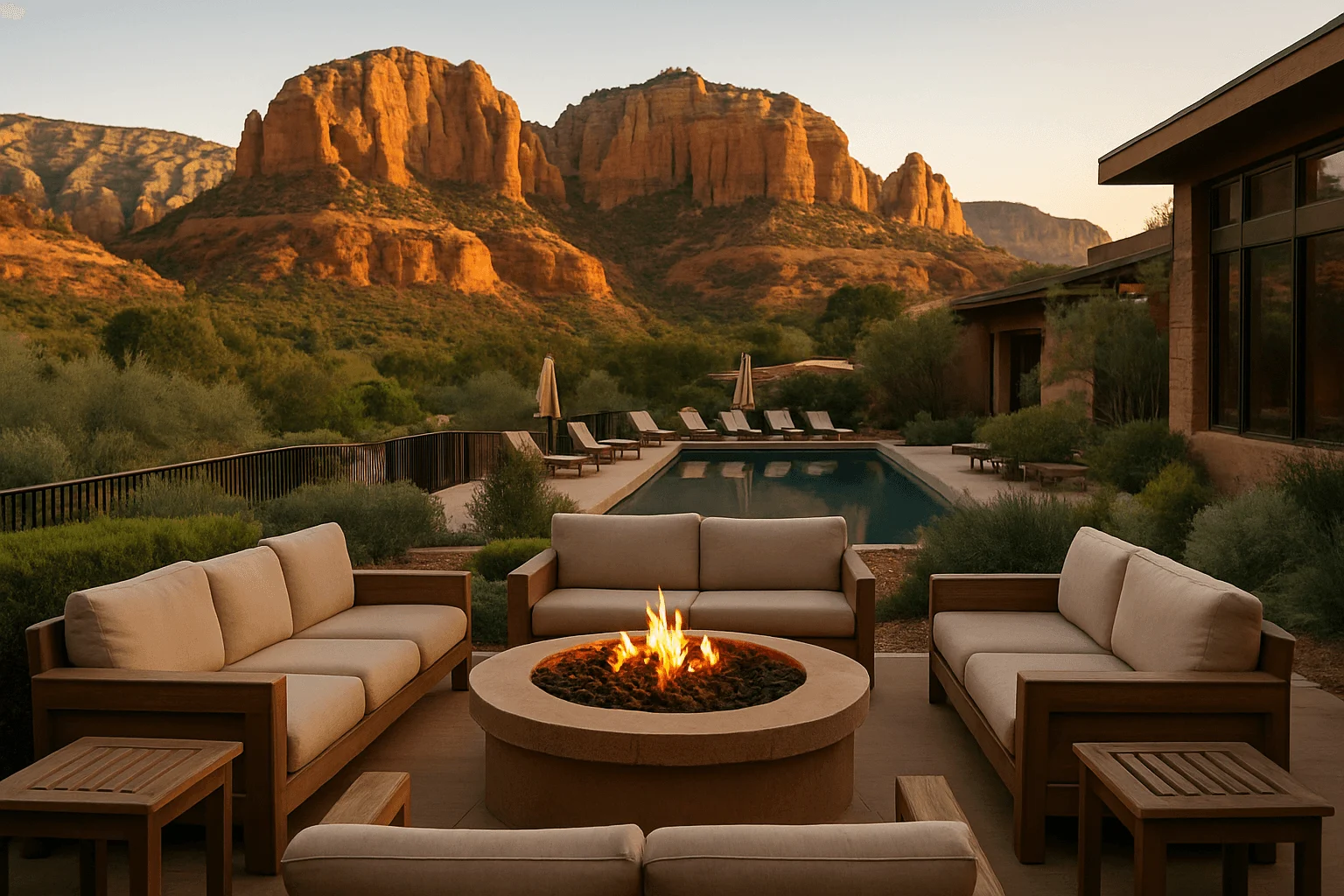 Outdoor seating and a fire pit facing red-rock formations