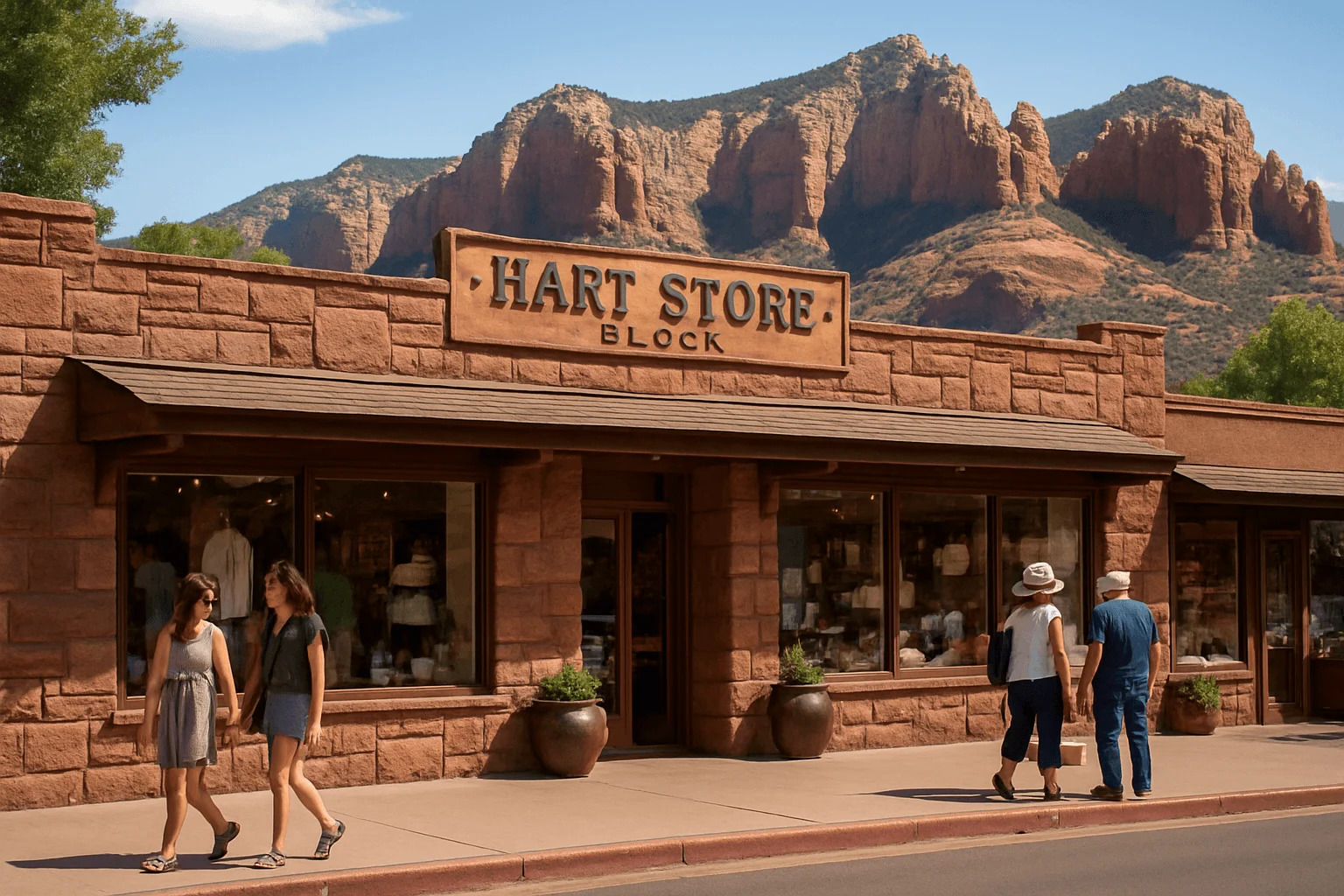 An illustrated storefront labeled Hart Store with visitors outside
