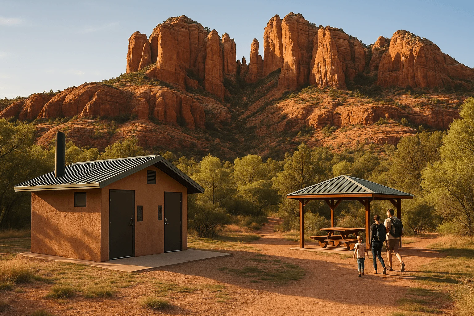 A trailhead shelter and small building beneath red-rock formations