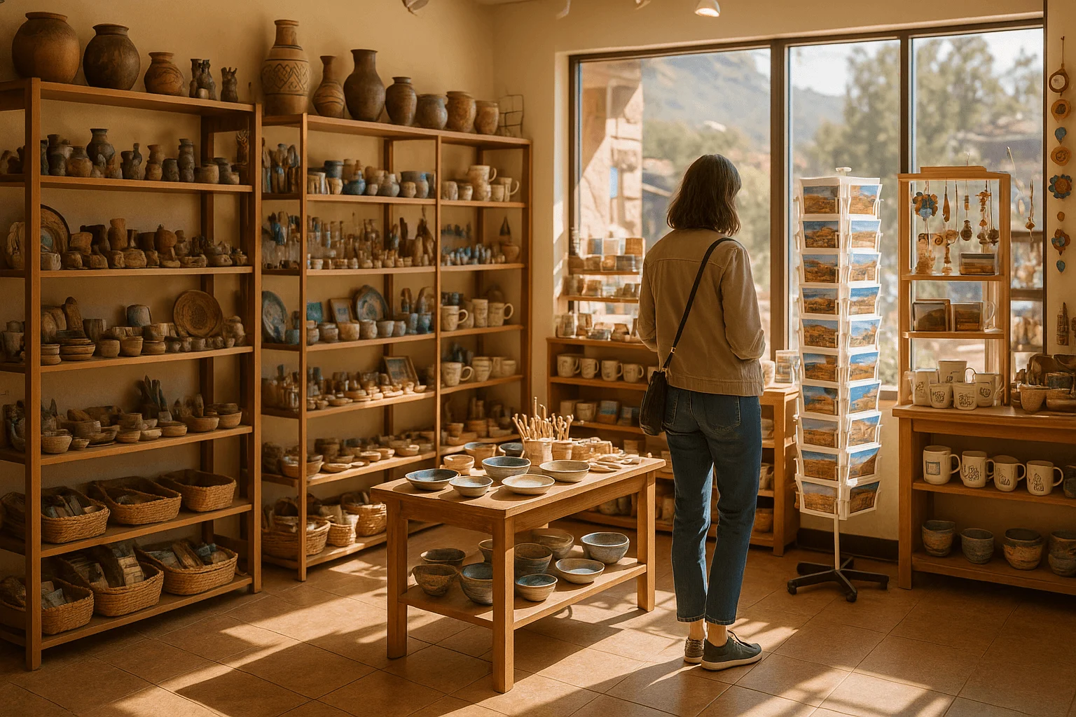 A visitor browsing pottery and gifts in a sunlit shop
