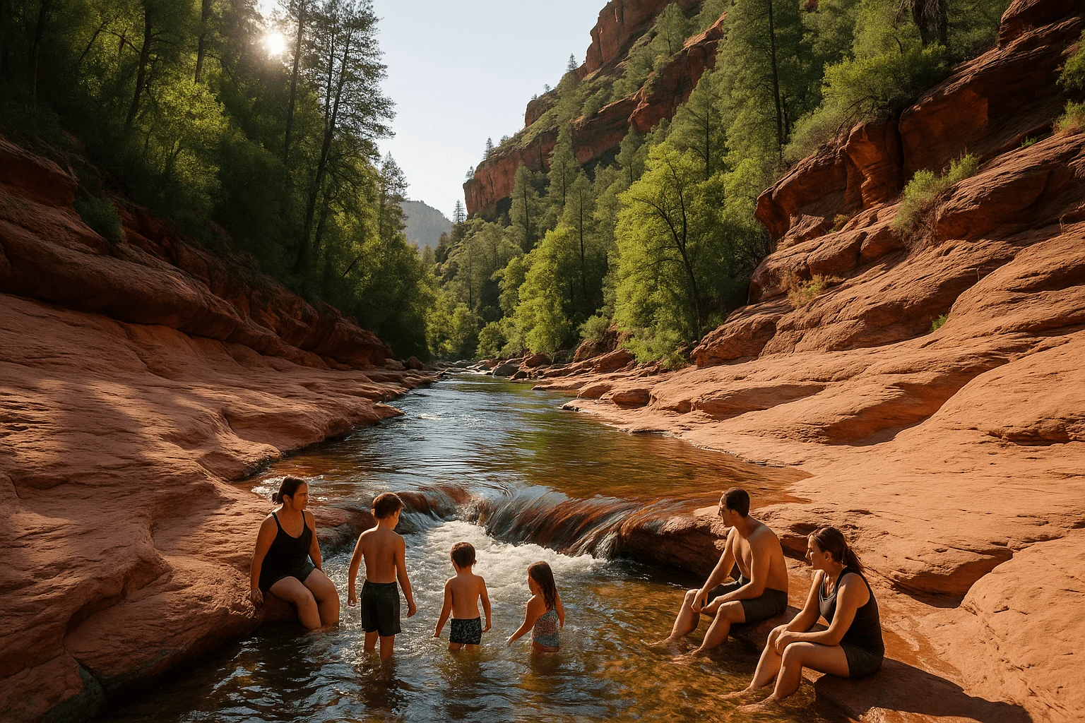People wading and sitting along a sandstone creek bed